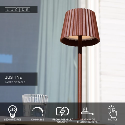 Lucide JUSTINE - Lampe de table Rechargeable Intérieur/Extérieur - Batterie/Piles - LED Dim. - 1x2W 2700K - IP54 - Avec station de charge sans fil - Rouille - USP